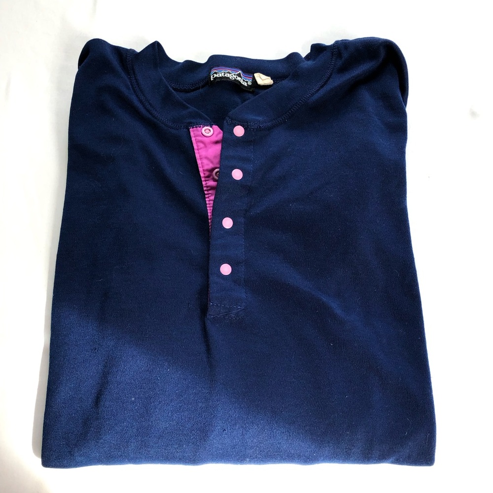 Vintage Patagonia mens long sleeve Henley L blue base layer purple 1/4 snap